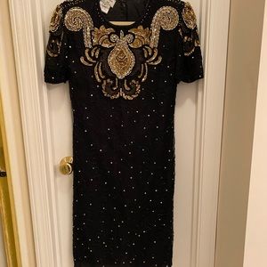 Vtg Mark & John Black Gold Beaded Cocktail Dress